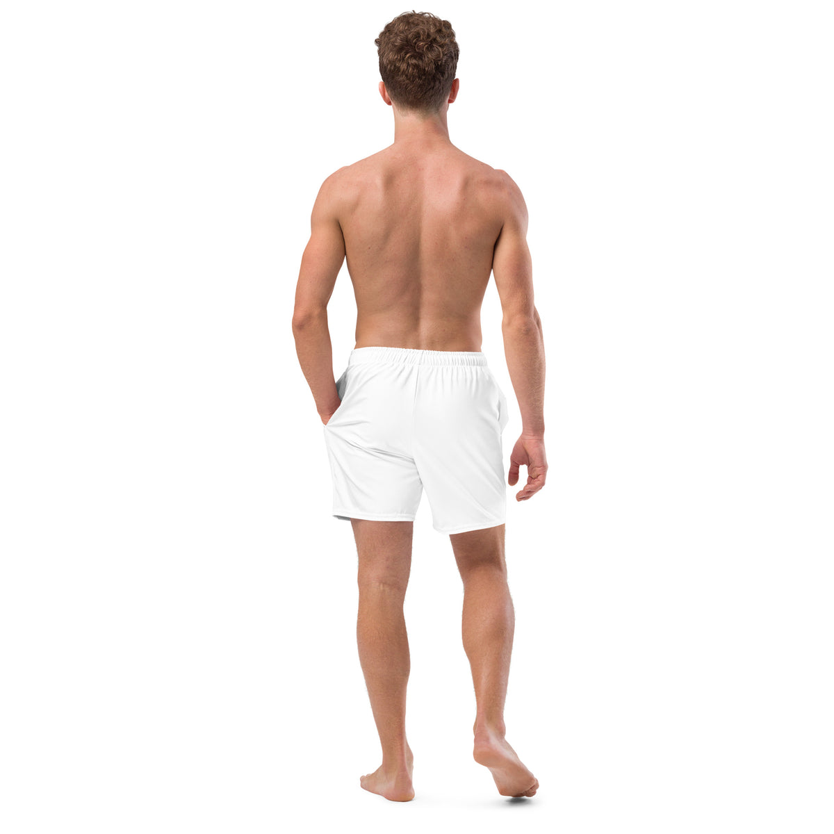 White Block Island recycled swim trunks, back view