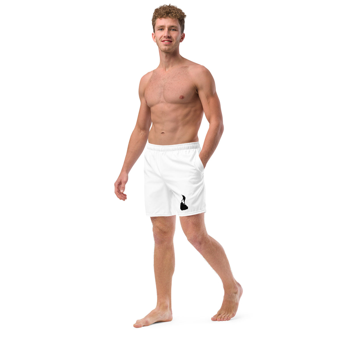 White Block Island recycled swim trunks, left front view