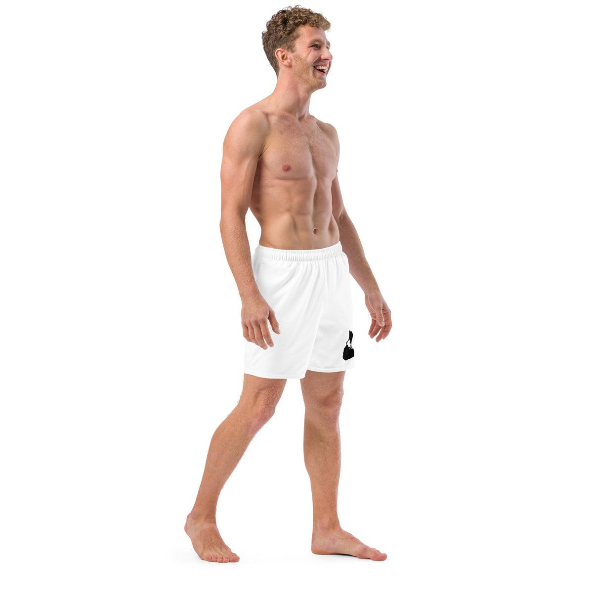 White Block Island recycled swim trunks, right front view
