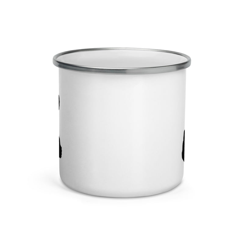 White Block Island enamel mug with black island silhouette, front view