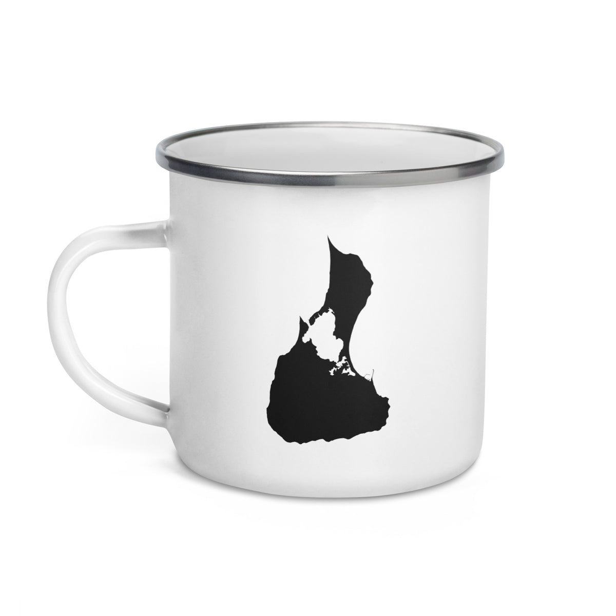 White Block Island enamel mug with black island silhouette, left view