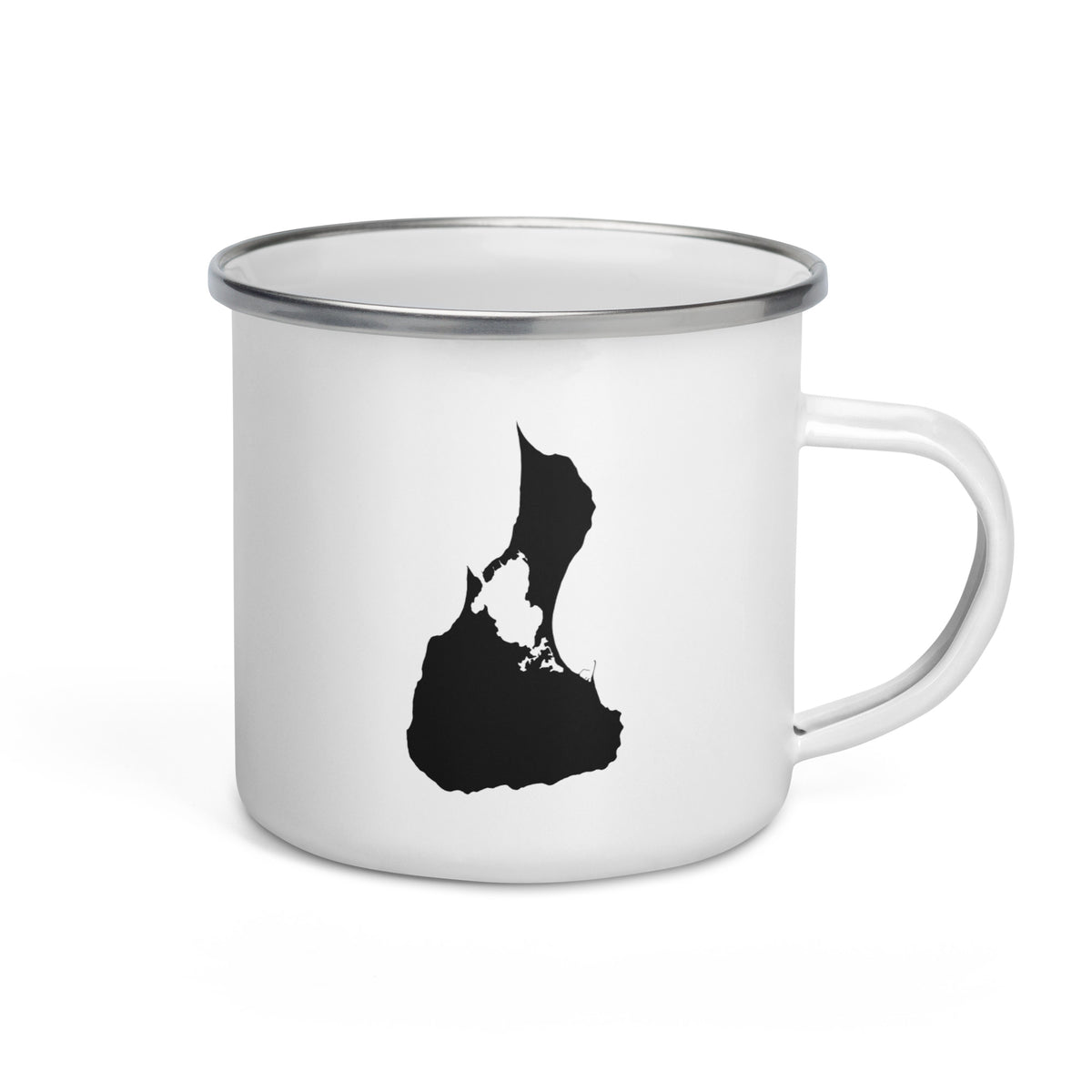 White Block Island enamel mug with black island silhouette, right view