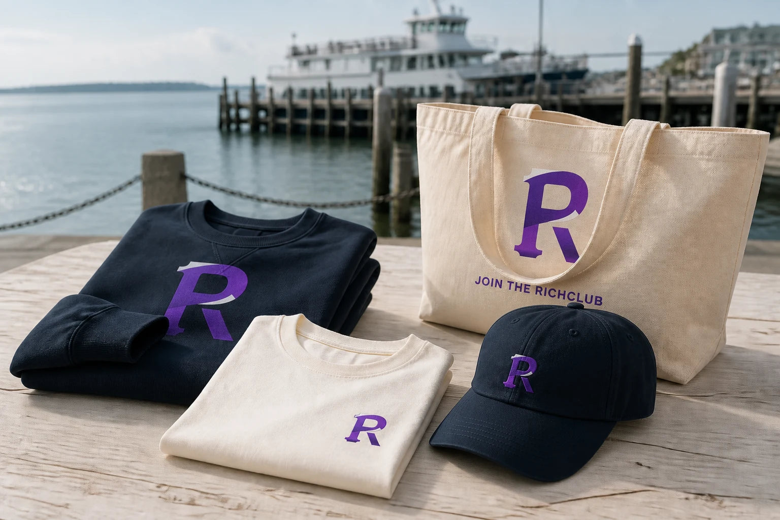 RichPicks apparel, an embroidered cap, and a canvas tote displayed near a ferry dock